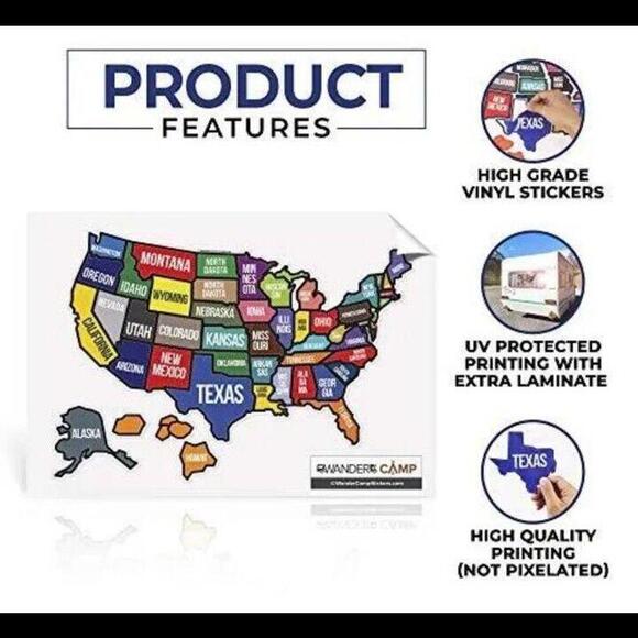 WANDER CAMP State Text -RV State Sticker Travel map 21 x 15 inches for Motorhome - Picture 3 of 4